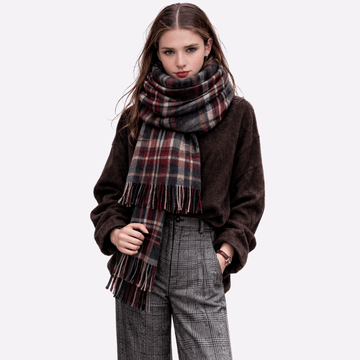 Charcoal Wine Classic Check Fringed Muffler For Men & Women