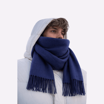 Classic Navy Blue Solid Fringed Muffler For Men & Women