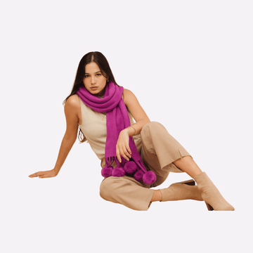 Fuchsia Pom-Pom Muffler For Women, Winter Neck Scarf Soft Scarf