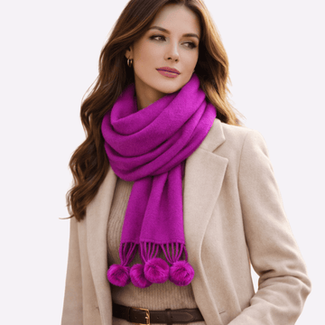 Fuchsia Pom-Pom Muffler For Women, Winter Neck Scarf Soft Scarf