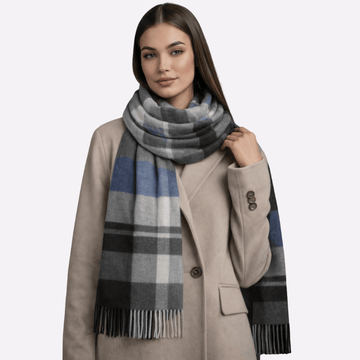 Grey Blue Classic Check Fringed Muffler For Men & Women