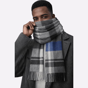 Grey Blue Classic Check Fringed Muffler For Men & Women