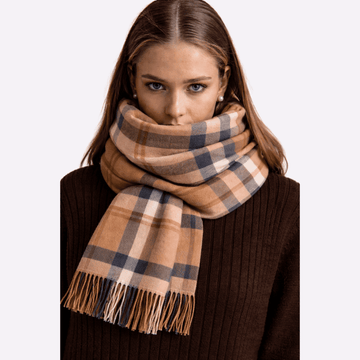 Camel Beige Classic Check Fringed Muffler For Men & Women