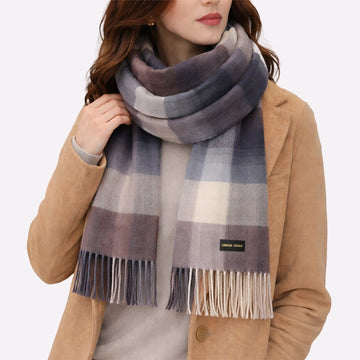 Blue Gradient Chunky Plaid Scarf for Men & Women - Pure Cashmere Fabric
