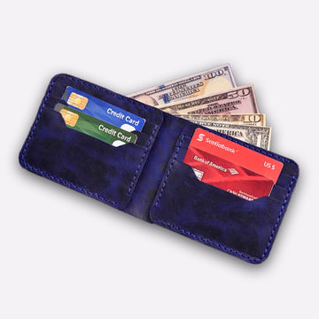 Blue Leather Wallet – Slim Handmade Bifold