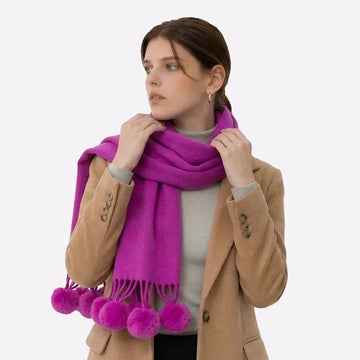 stylish pom pom fringe cashmere wrap